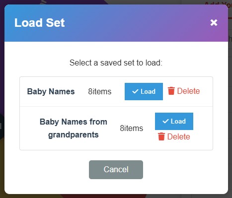 Load the input set, In this example the baby names are loaded - Spin In Wheel